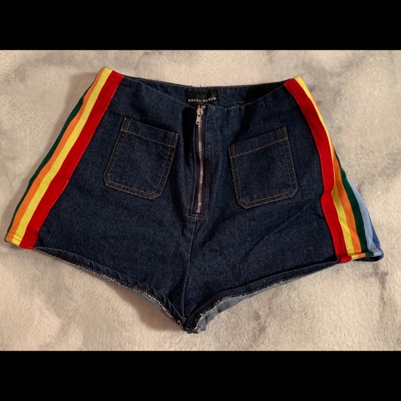 Rainbow Denim Zip-Up Shorts with Pockets - Picture 1 of 5